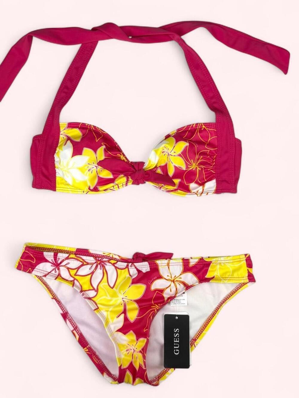Guess yellow and red floral bikini set with white flowers and cute bow details